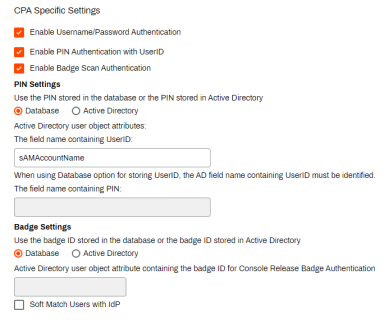 General tab's CPA Specific Settings section showing the different authentication methods that can be selected/enabled. 