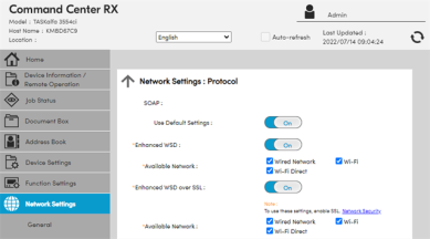 Kyocera printer's MFP Portal showing the Network Settings tab and Network Settings and Protocol side menu options, and in the middle of the page the Enhanced WSD, Available Network, and Enhanced WSD over SSL options are shown. 