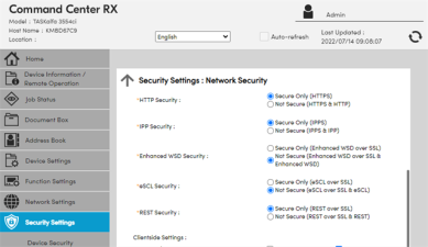 Kyocera MFP Portal showing the Security Settings: Network Security page, showing the Security Settings and Network Security side menu option, and the Enhanced WSD Security option in the middle of the page.