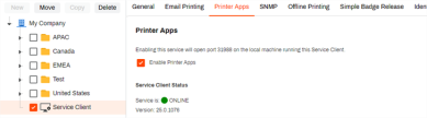 This is an image showing the enable printer apps setting in the Service Client's Printer Apps tab.