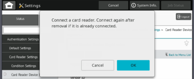 Operation Panel prompt to connect the card reader showing the OK button. 