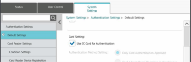 System Settings window showing the Default Settings with the Use IC Card for Authentication option enabled.