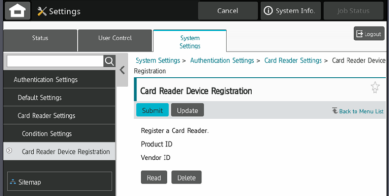 MFP Operation Panel showing the Card Reader Device tab and the Read button near the bottom.