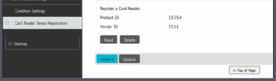 Operating Panel showing the Card Reader Device Registraton tab and the Submit button near the bottom. 