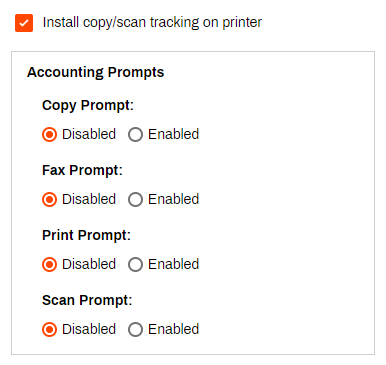 Xerox specific Copy/Scan settings with options to enable/disable Accounting prompts for copy, fax, print, and scan prompts.