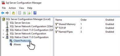 SQL server configuration manager window with the SQL Native Client 11 Configuration's sub-option for Client Protocols selected. 