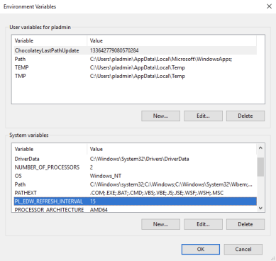 Environmental Variables window showing the EDW refresh variable selected under the System variables section.