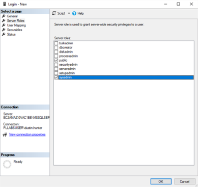 Server Roles page with public and sysAdmin options selected.