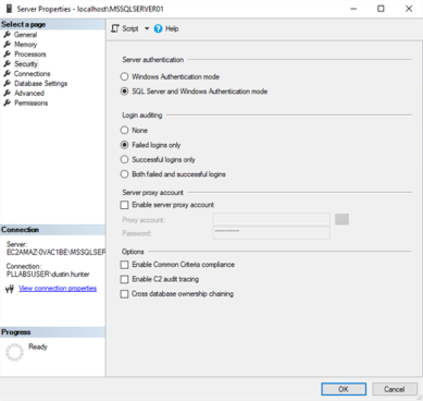 Server properties window, Security page with the SQL Server & Windows Authentication mode selected.