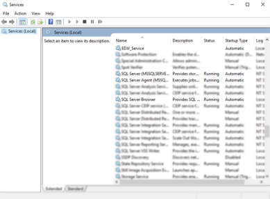 Services app window showing the EDW_Service, SQL Server, SQL Server Agent, and SQL Server Browser services running. 