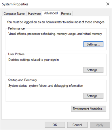 System Properties modal showing the Advanced tab.