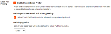 General Tab's Email Pull Printing section with the default enable and default per printer settings. 