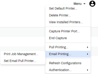 Self-service Portal menu showing the Email Printing opitons.