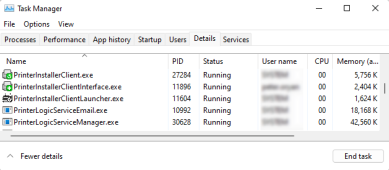 Task Manager's Details tab, showing the enabled services running for the client, service client, and email printing. 