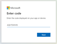 Microsoft login screen asking for the generated code. 