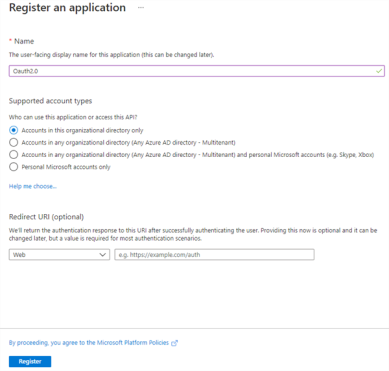 Register an application section with the Register button in the bottom left. 