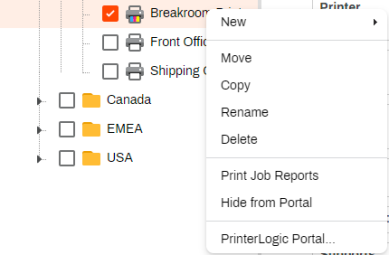 Context menu for a printer object