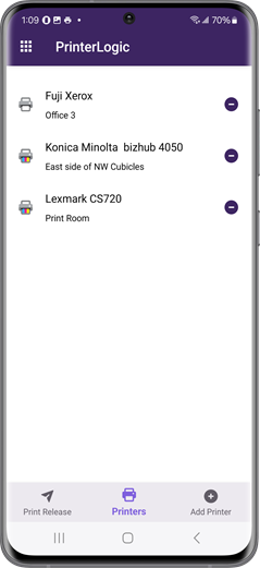 Printers screen shown on an Android device.