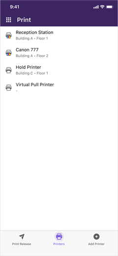 The Printers screen showing four printers deployed by an admin.