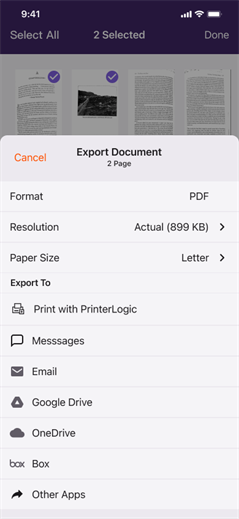 Export screen showing configured cloud storage locations.