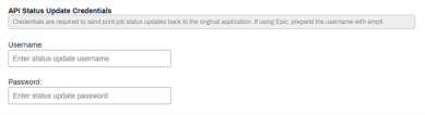 API status update credentials section of the Output Mangement tab