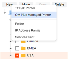 Tree structure showing the New button selected, and the OM Plus Managed Printer option highlighted.