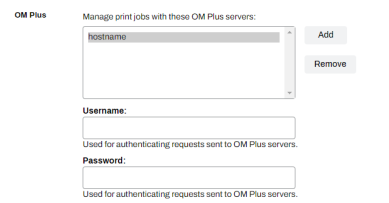 OM Plus section showing the server field, Add and Remove button, and the Username and Password fields at the bottom.