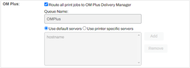 OM Plus section showing the default server selected and the Route all print jobs setting enabled. 