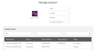 Manage solution modal with Install showing at the top of the list.