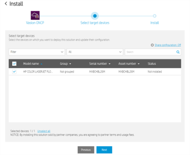 Install modal showing a printer selected from the list. 