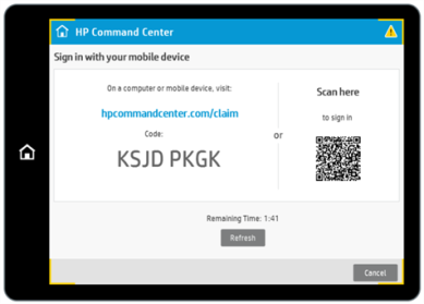 HP Command Center screen showing a QR code and registration code. 