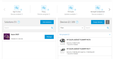 HP Command Center Solutions screen showing the Vasion ONCP app. 