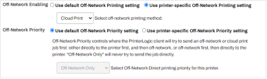 Printer's Off-Network tab showing the printer-specific option enabled and Cloud Print selected in the dropdown.