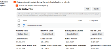 Automatic Client Update section showing the enable auto updates settings, filtering setting, the buttons for different OS client updates, and the fields showing the latest version and update client if older than version. 