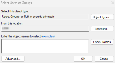 Select Users or Groups pop-up with an arrow pointing to the Object Types button. 