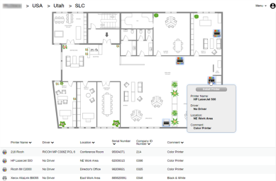 Self-service Portal showing a floor map with printer details