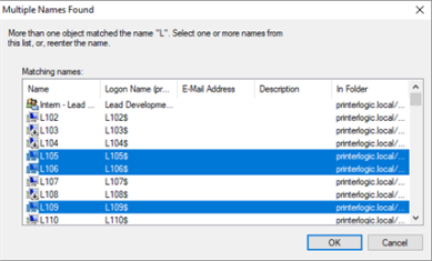 Active Directory pop-up for selecting computer objects for assignments.