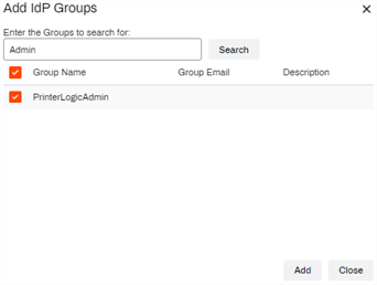 Add IDP Groups modal with an IdP group selected