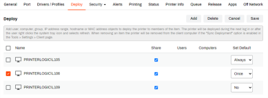 Printer object's Deploy tab showing the Set Default column drop-downs 