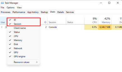 Task Manager window after right clicking in the columns to bring up additional view options with ID and Session selected.