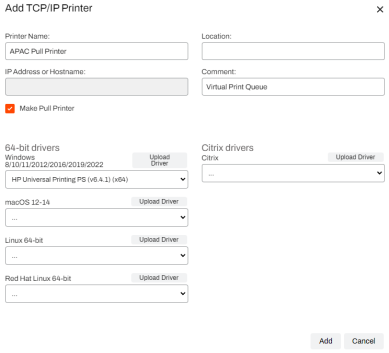 Add TCP IP Printer modal showing the Make Pull Printer box selected. 