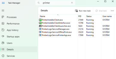 Task Manager showing the Vasion services running and the offline secure release service running. 