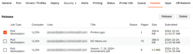 Release tab showing a print job selected.