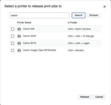 Select a Printer to release print job to modal showing the search option and list of results.