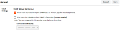 SNMP Status Monitoring settings section on the general settings screen