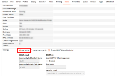 Status tab of a printer object with the Use Global option enabled in the Settings section. 