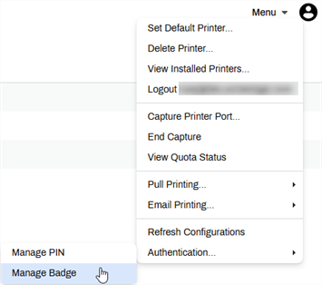 Self-service portal with the Menu expanded to show the sub-options for Authentication then Manage Badge. 