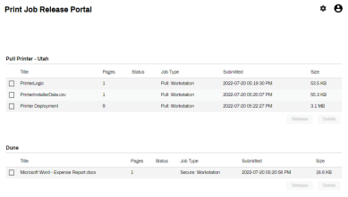 Release portal with pull print and secure print jobs