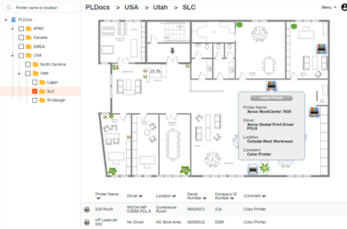 Self-service Portal showing a map and printer details