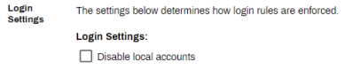 Login settings section showing the Disable Local Accounts option. 